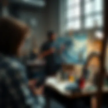 Artists in a Creative Workspace A creative workspace showcasing artists engaged in creating crypto paintings.