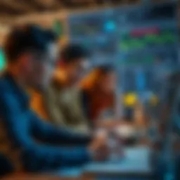 A diverse group of professionals collaborating over cryptocurrency charts