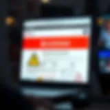 Illustration of a suspicious website with warning signs