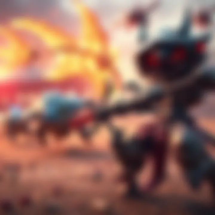 A vibrant battle scene from Axie Infinity showcasing unique digital creatures in action