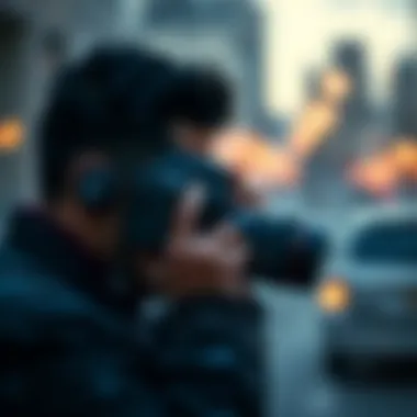 The Art of Photography and NFTs An artistic representation of a photographer capturing a moment, with digital elements symbolizing NFTs
