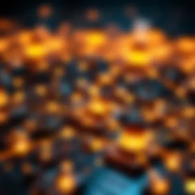Blockchain Network Dynamics A sophisticated blockchain network diagram illustrating miner connections