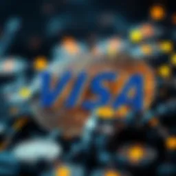 Visa logo intertwined with cryptocurrency symbols
